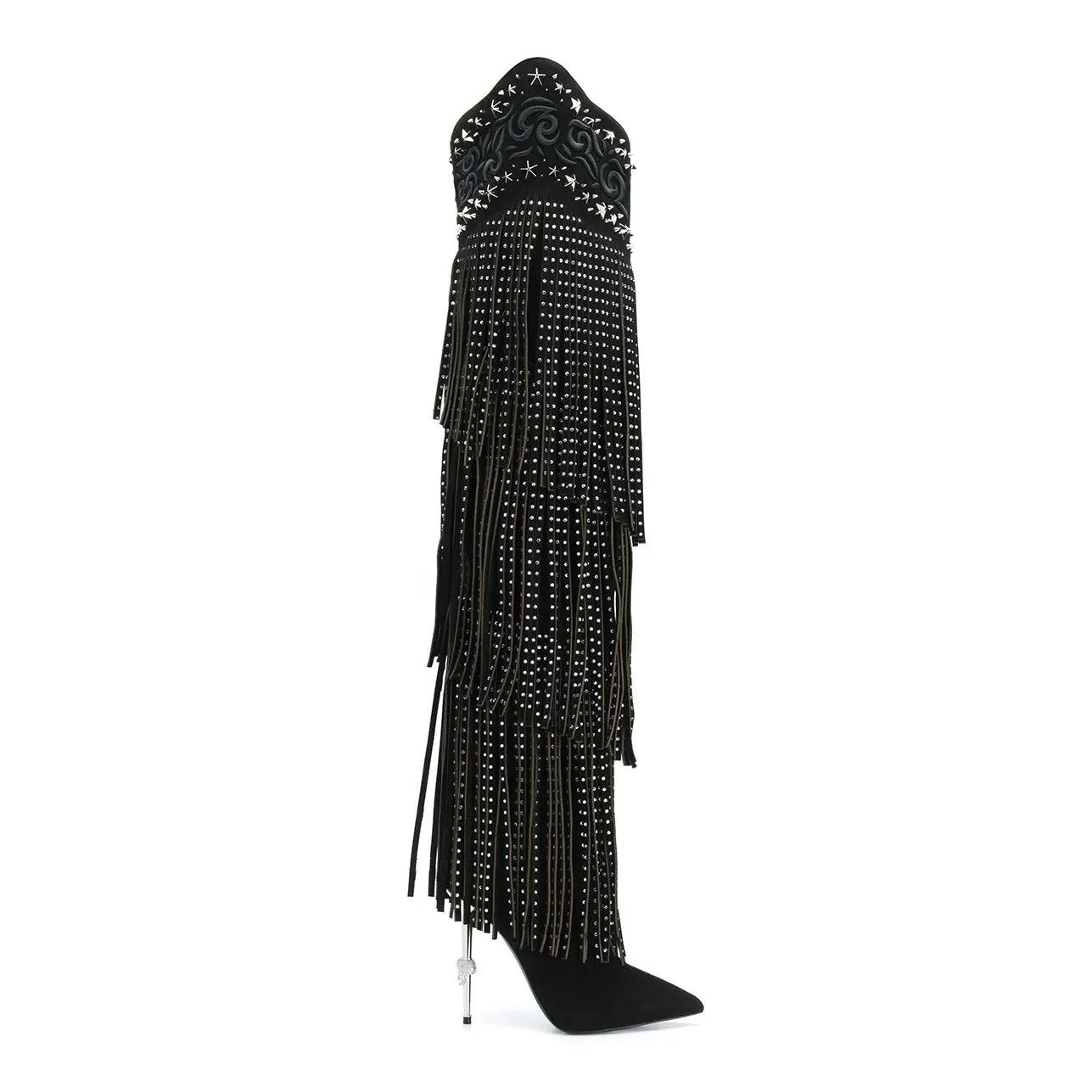 Embellished Fringe Tassels Pointed Toe Thigh High Boots