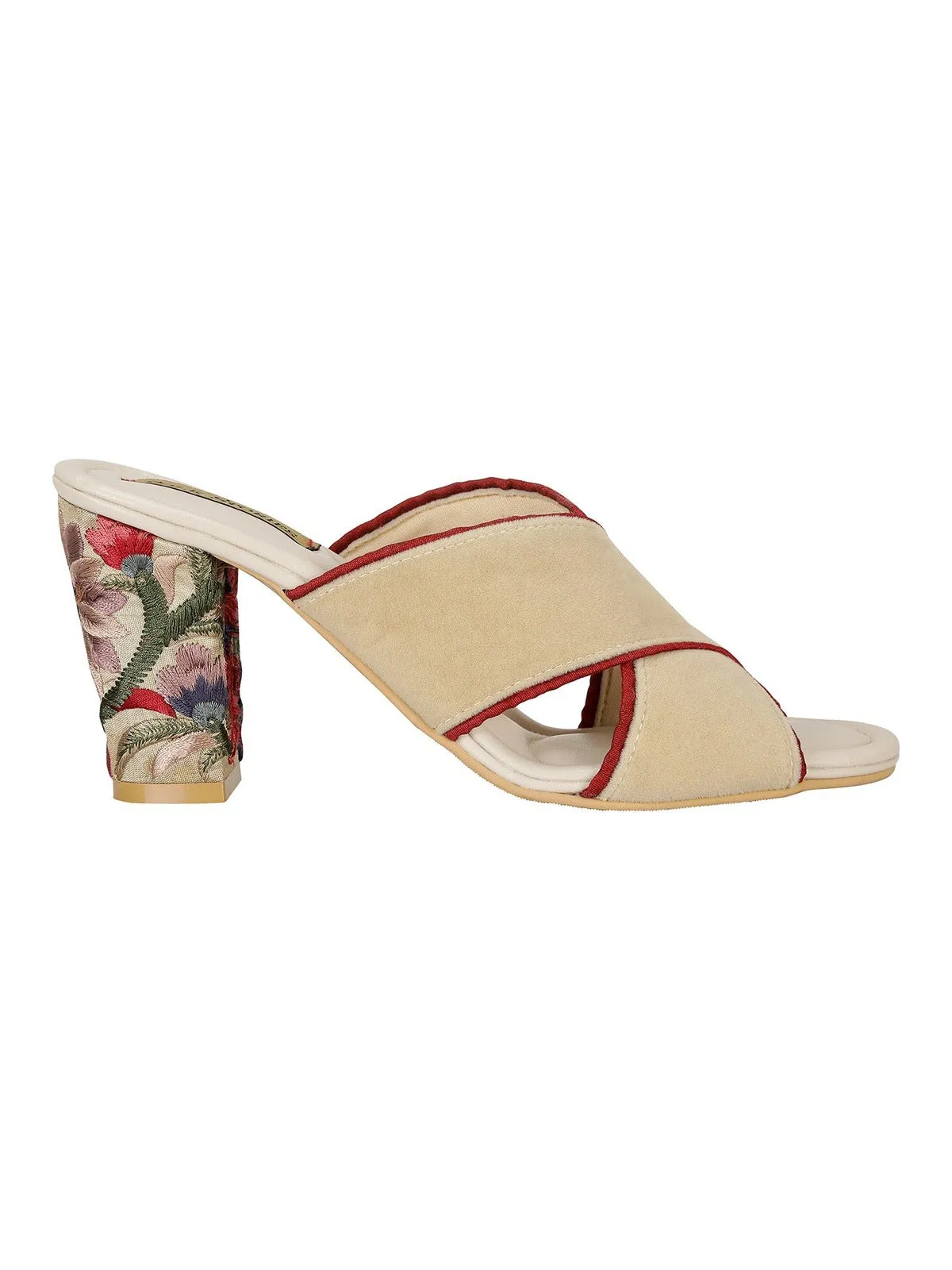 Embroidered Heels-Criss Cross Mules Beige