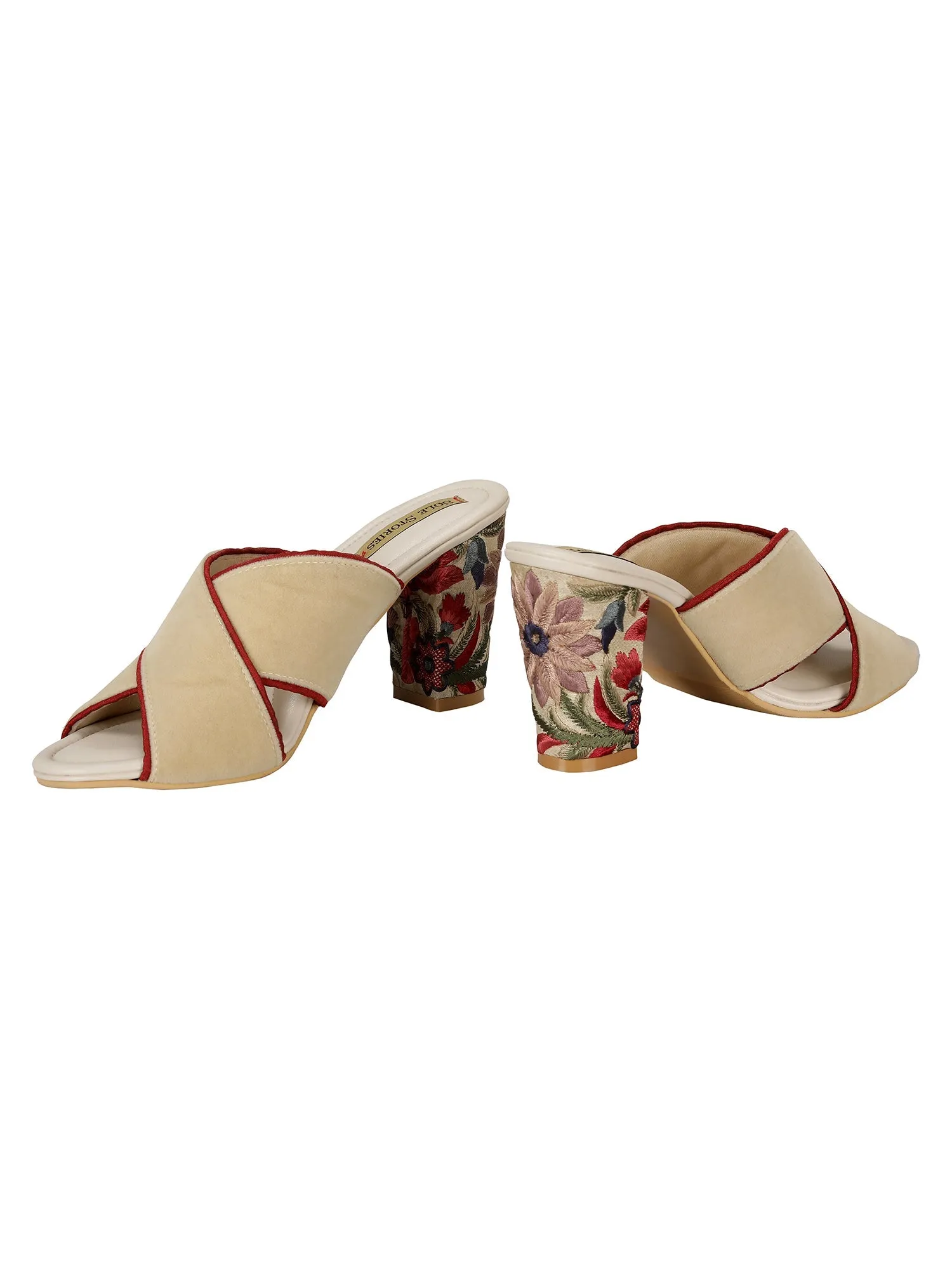 Embroidered Heels-Criss Cross Mules Beige