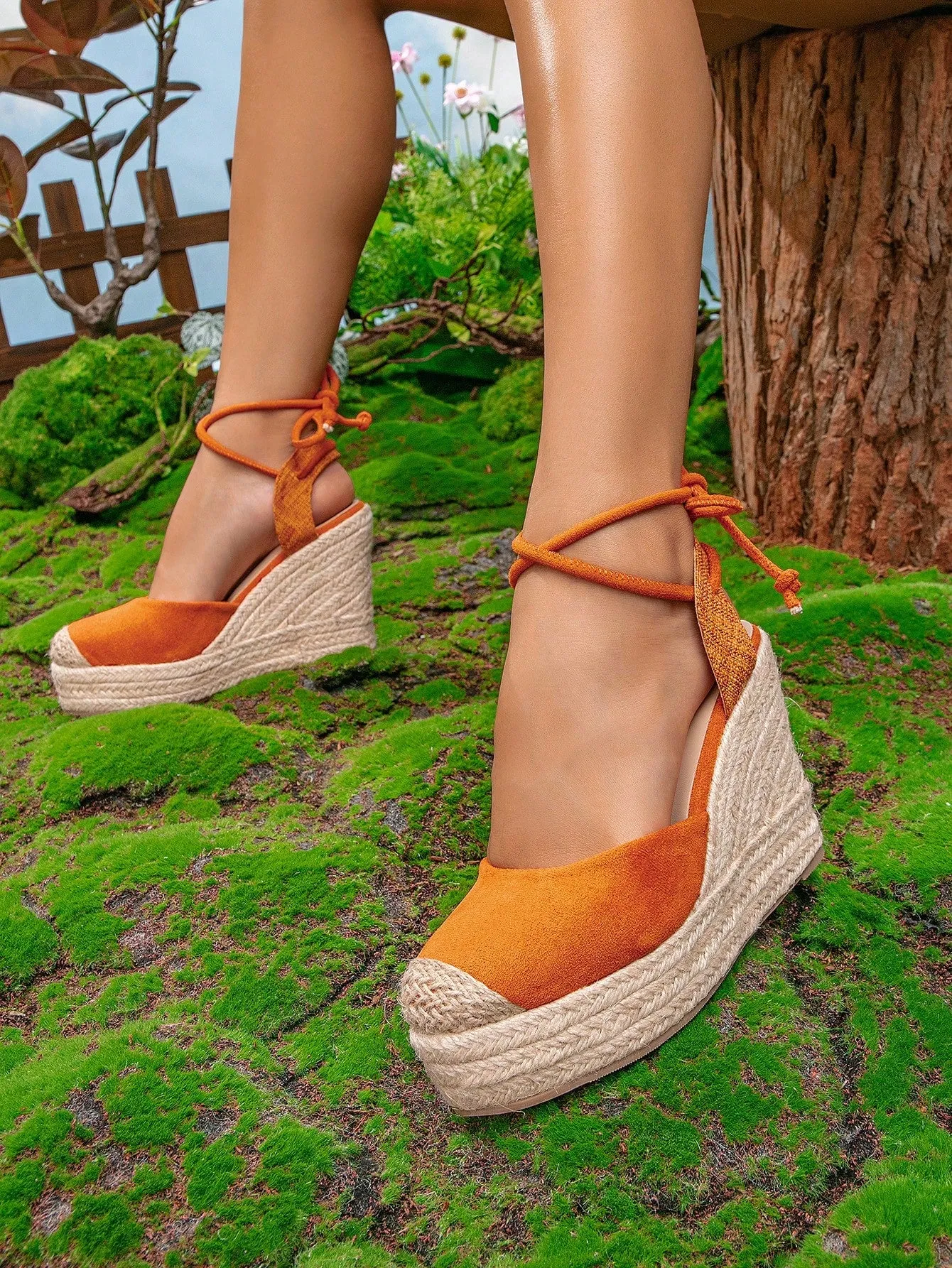 Faux Suede Tie Leg Design Espadrille Wedges Shoes