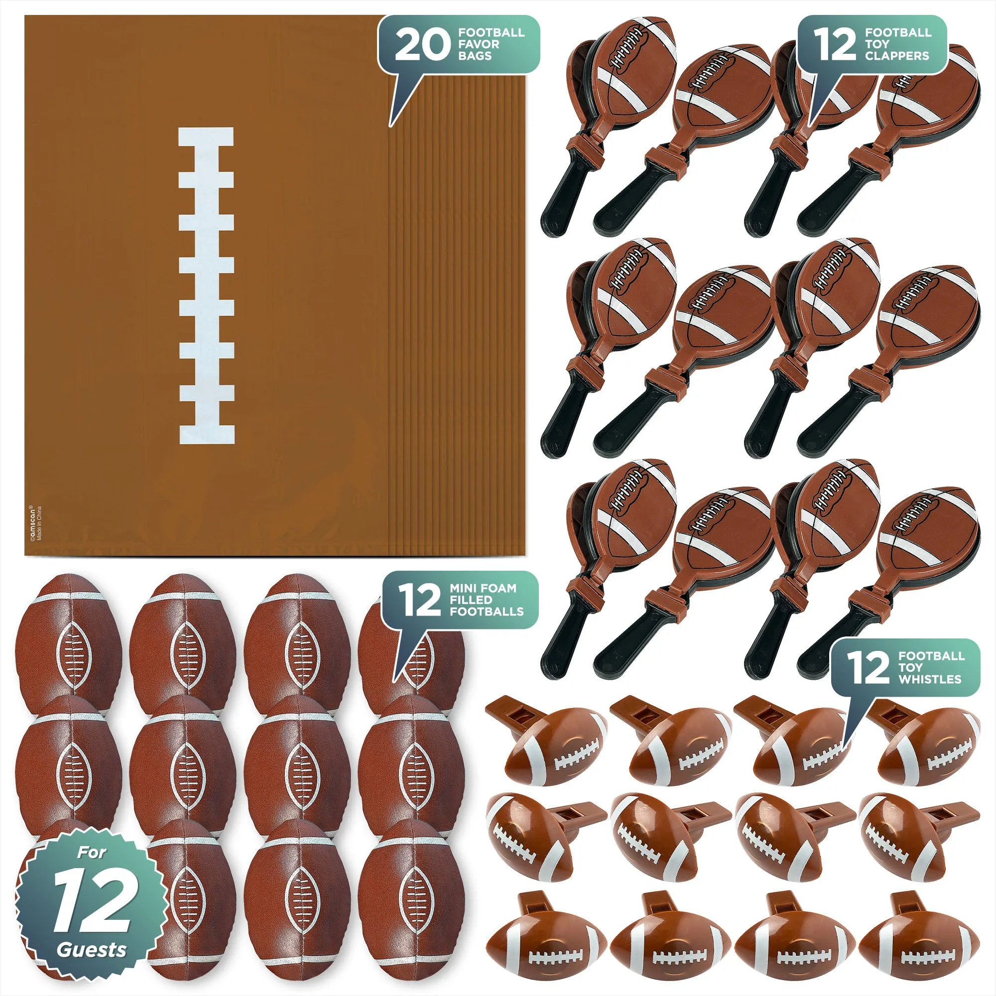 Football Party Favors - Treat Bags, Foam Footballs, Clappers, and Whistles (For 12 Total Favor Bundles)