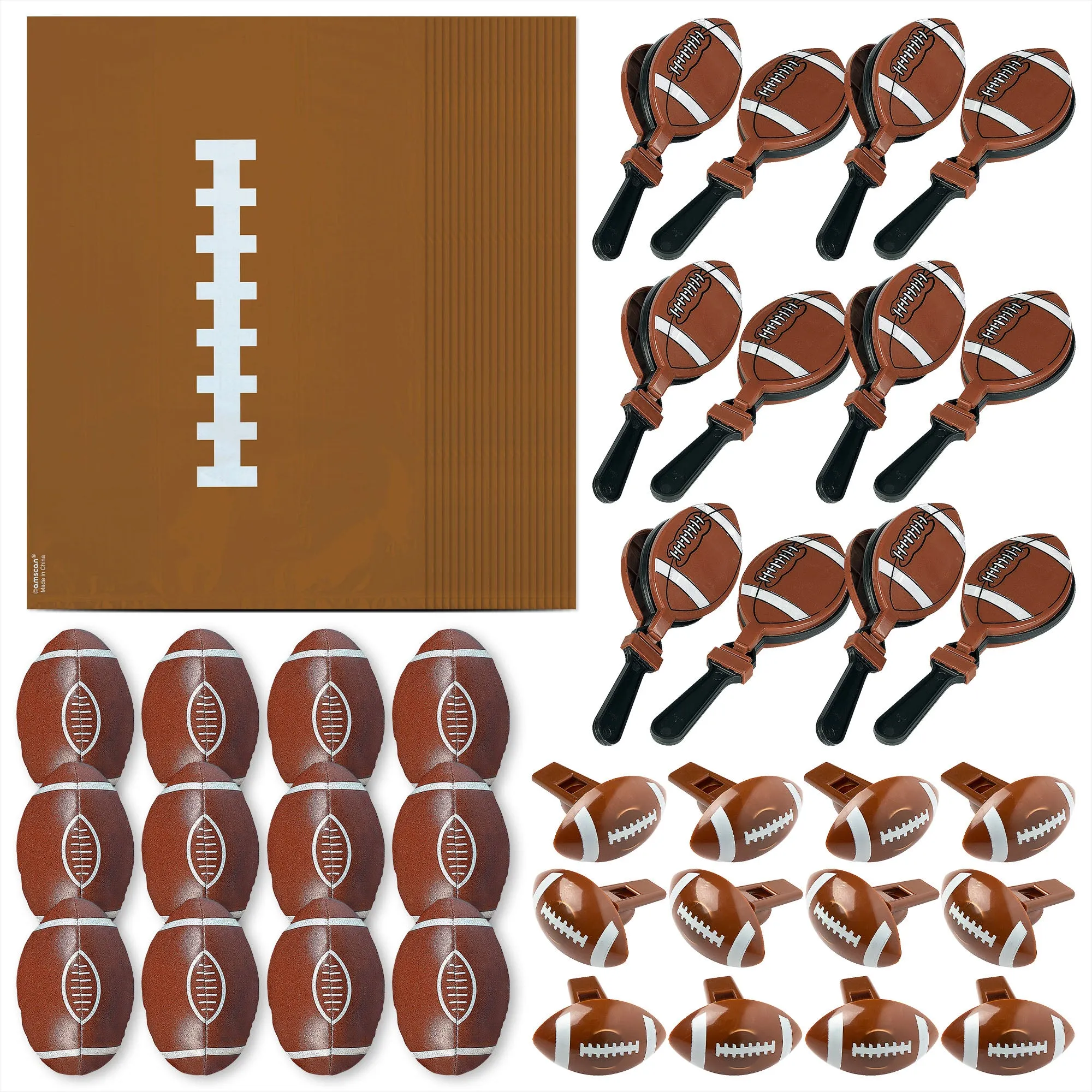 Football Party Favors - Treat Bags, Foam Footballs, Clappers, and Whistles (For 12 Total Favor Bundles)