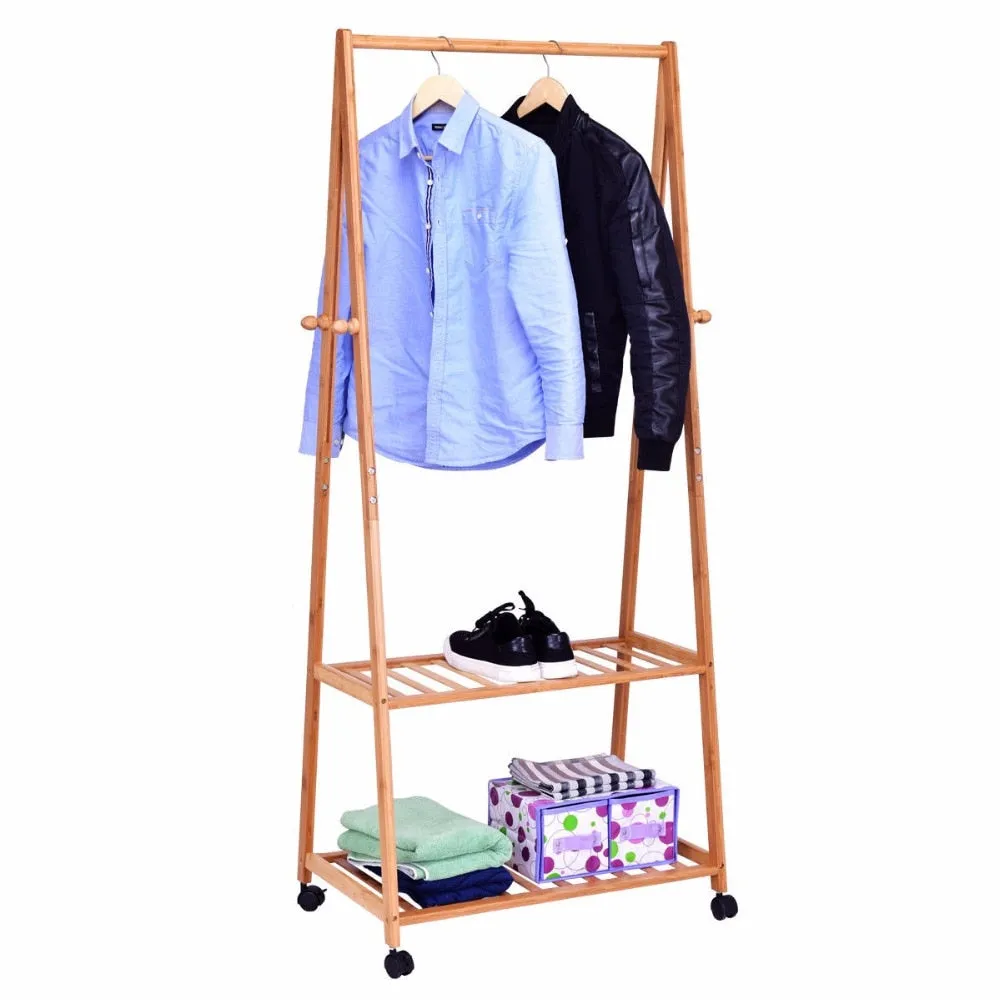 Giantex Portable Bamboo Garment Shelves Stand Clothes Organizer Coat Shoes Storage Rolling Laundry Rack Clothes Hanger HW56491