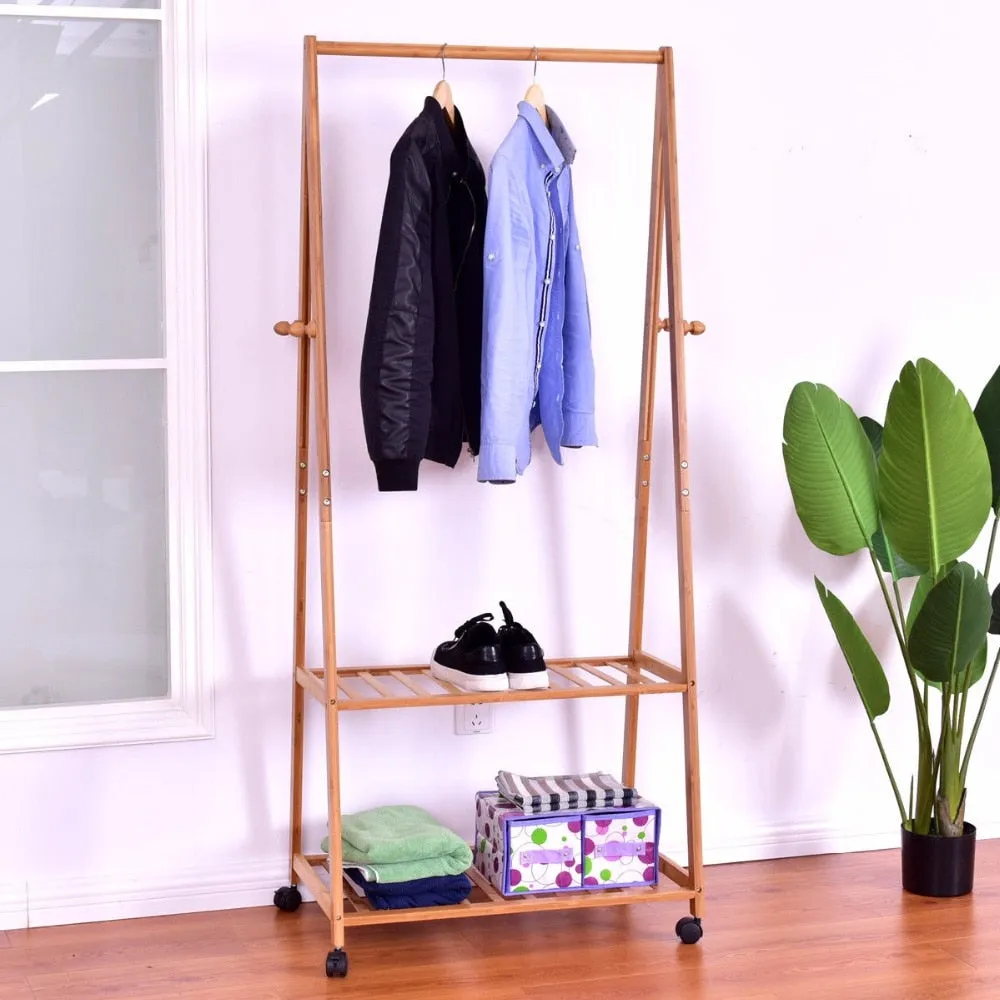 Giantex Portable Bamboo Garment Shelves Stand Clothes Organizer Coat Shoes Storage Rolling Laundry Rack Clothes Hanger HW56491