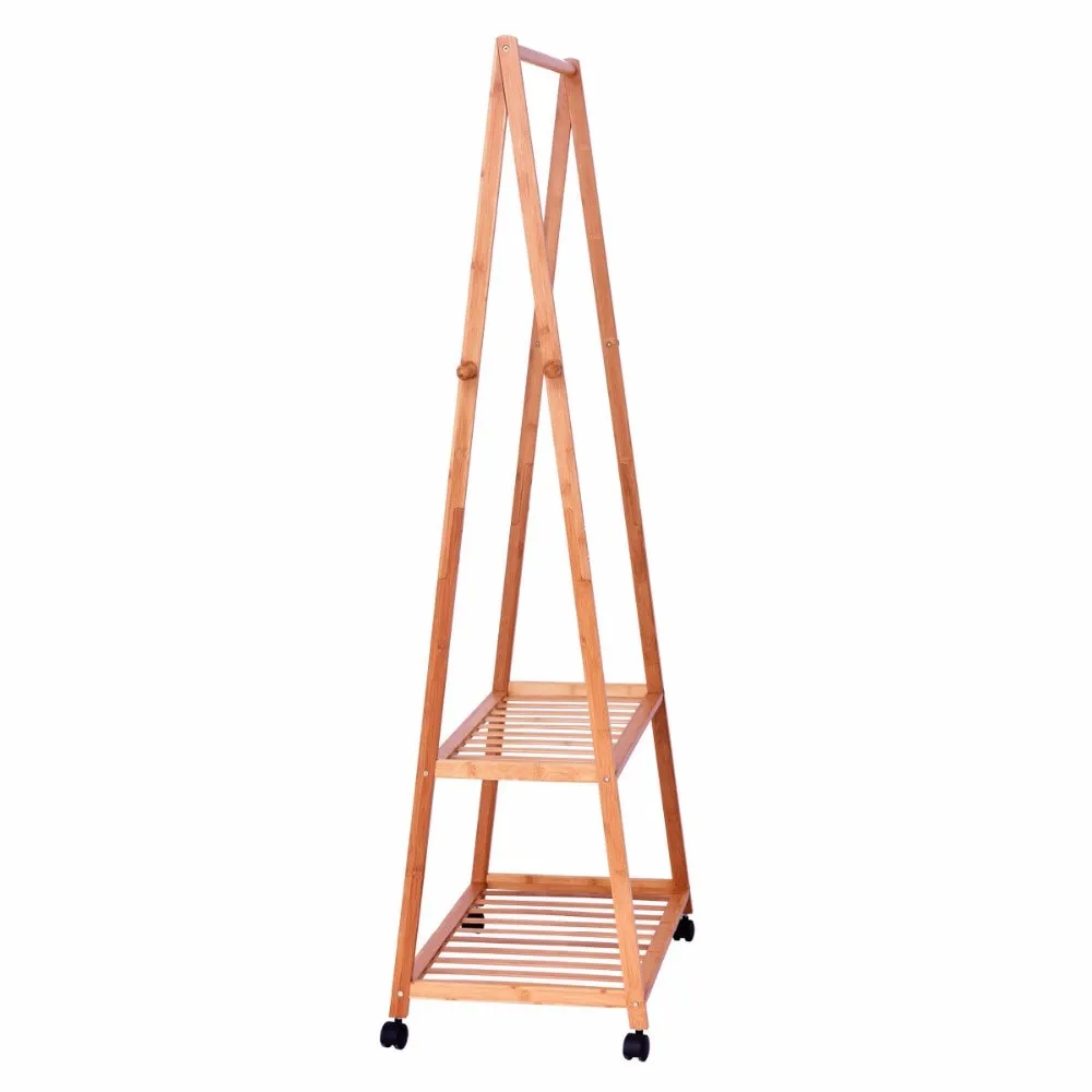 Giantex Portable Bamboo Garment Shelves Stand Clothes Organizer Coat Shoes Storage Rolling Laundry Rack Clothes Hanger HW56491