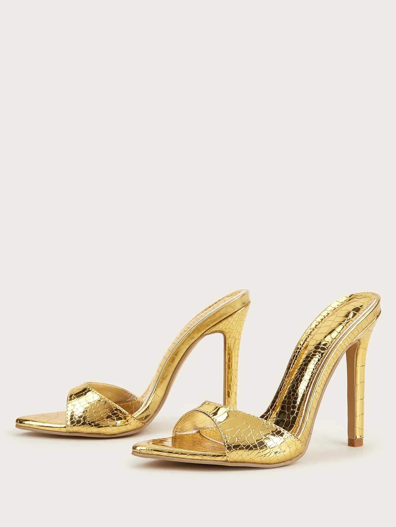 Gold Crocodile Metallic Stiletto Heeled Mule Sandals