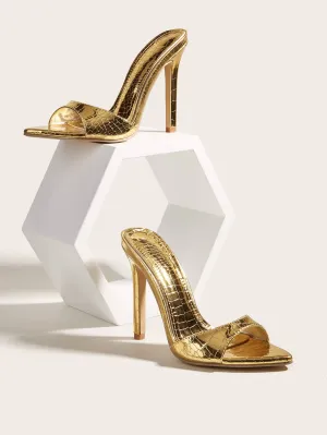 Gold Crocodile Metallic Stiletto Heeled Mule Sandals