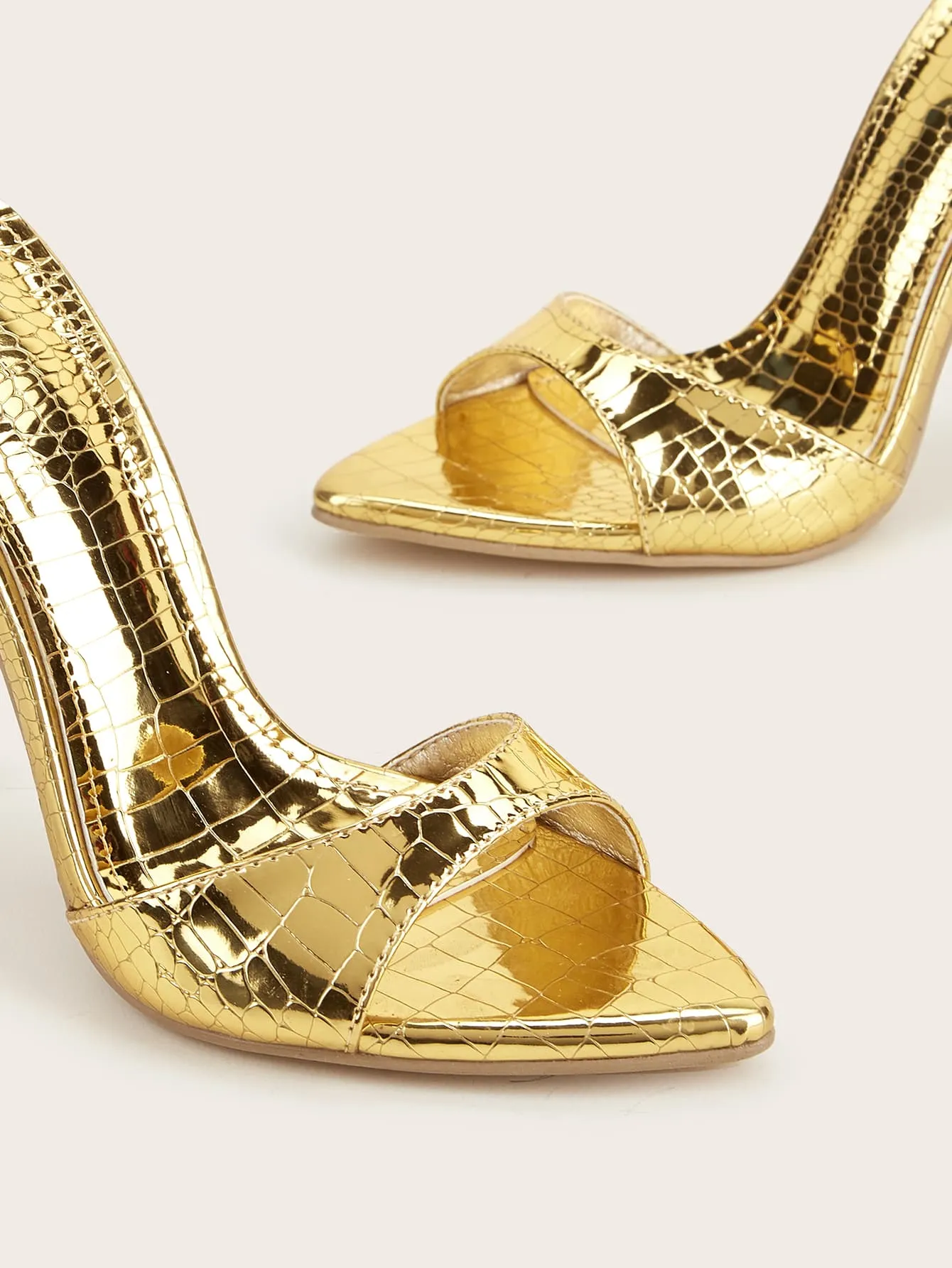 Gold Crocodile Metallic Stiletto Heeled Mule Sandals