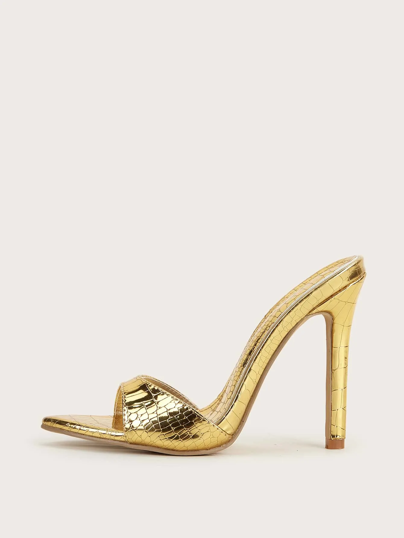 Gold Crocodile Metallic Stiletto Heeled Mule Sandals