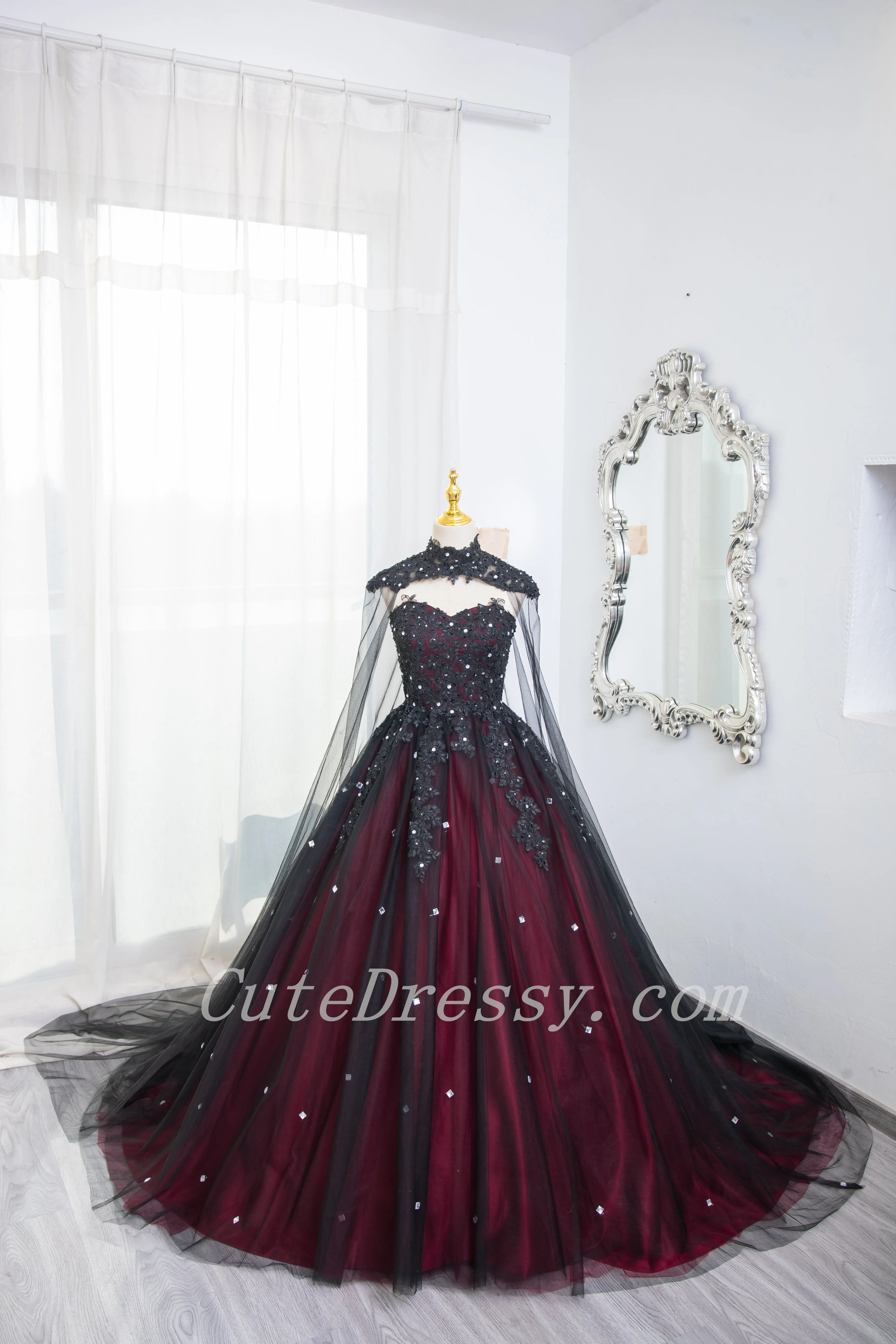 Gorgeous Black and Red High Neckline Ball Gown Sweet 16 Dress, Black and Red Formal Dress