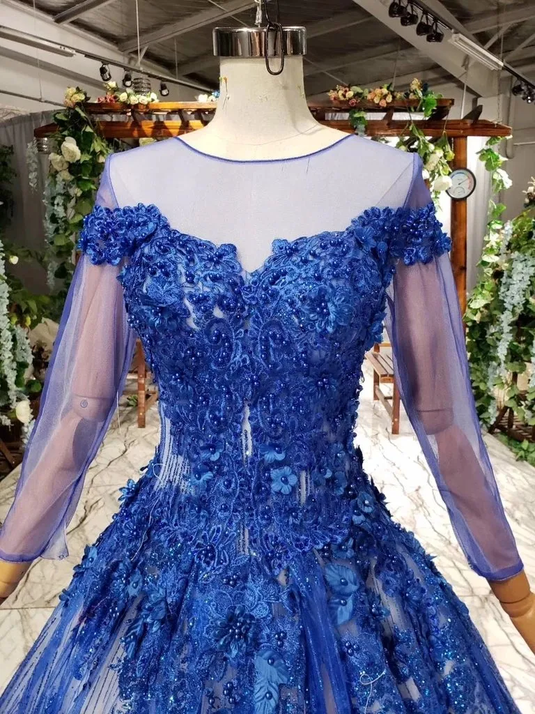 Gorgeous Long Sleeve Sheer Neck Tulle Blue Applique Ball Gown Prom Dresses with Beads UQ1996