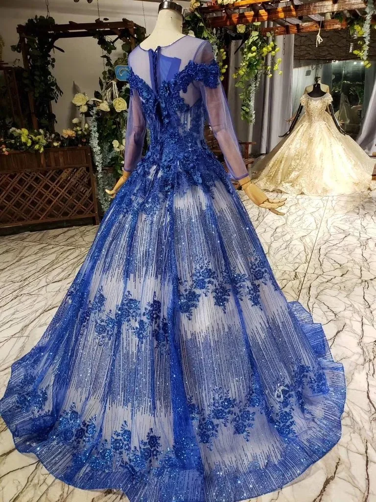 Gorgeous Long Sleeve Sheer Neck Tulle Blue Applique Ball Gown Prom Dresses with Beads UQ1996