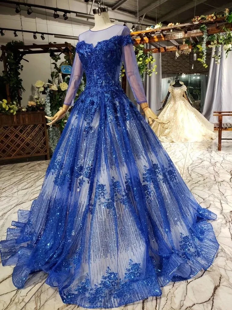 Gorgeous Long Sleeve Sheer Neck Tulle Blue Applique Ball Gown Prom Dresses with Beads UQ1996