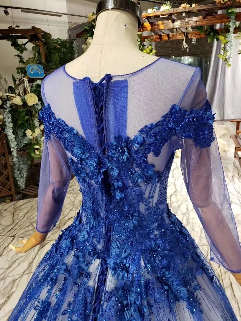 Gorgeous Long Sleeve Sheer Neck Tulle Blue Applique Ball Gown Prom Dresses with Beads UQ1996