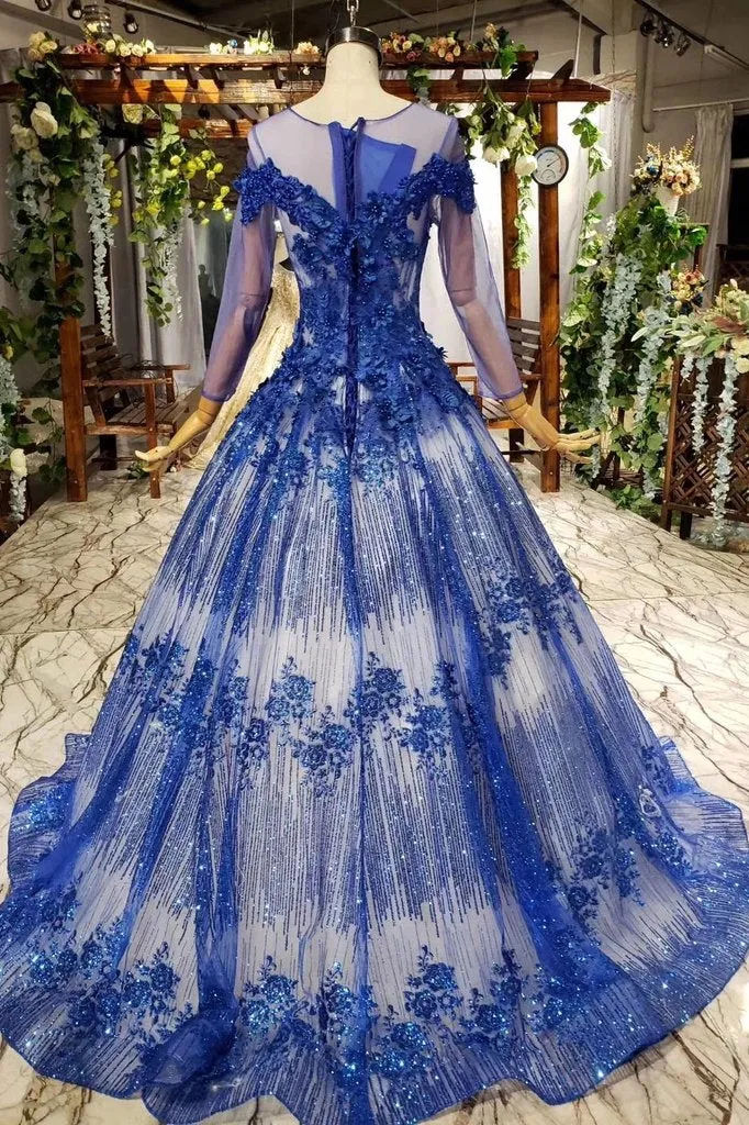 Gorgeous Long Sleeve Sheer Neck Tulle Blue Applique Ball Gown Prom Dresses with Beads UQ1996