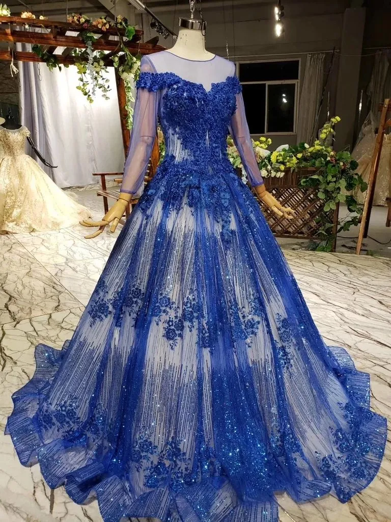 Gorgeous Long Sleeve Sheer Neck Tulle Blue Applique Ball Gown Prom Dresses with Beads UQ1996