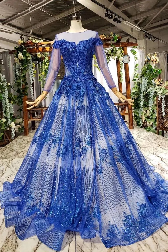 Gorgeous Long Sleeve Sheer Neck Tulle Blue Applique Ball Gown Prom Dresses with Beads UQ1996