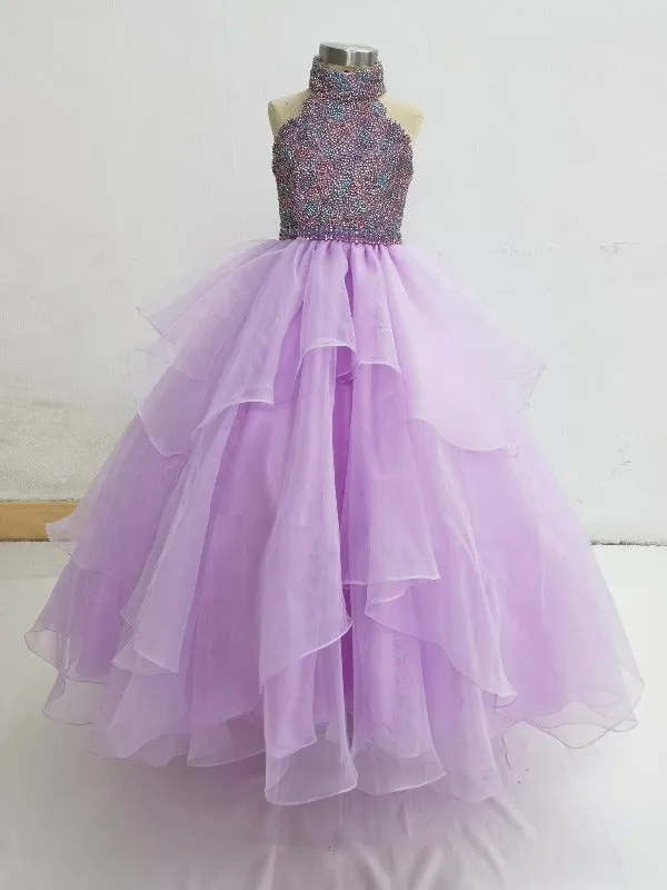 Halter Sparkly Little Girls Lilac Pageant Ball Gown