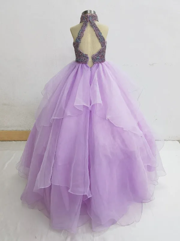 Halter Sparkly Little Girls Lilac Pageant Ball Gown