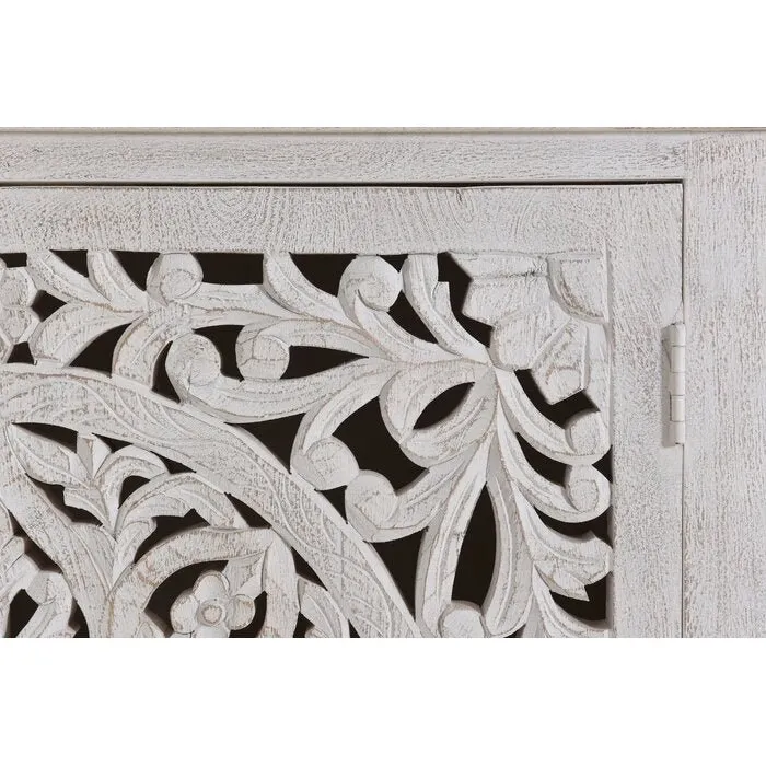 Hand Carved Solid Wood Two Door Accent Cabinet | Cabinetry Furniture in White Color