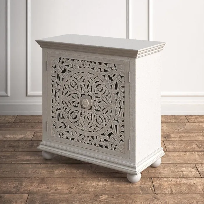 Hand Carved Solid Wood Two Door Accent Cabinet | Cabinetry Furniture in White Color