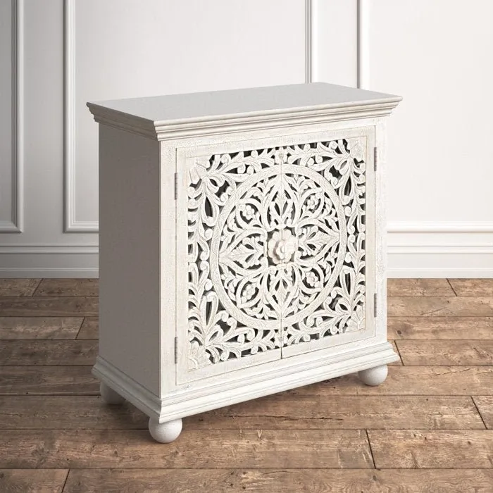 Hand Carved Solid Wood Two Door Accent Cabinet | Cabinetry Furniture in White Color