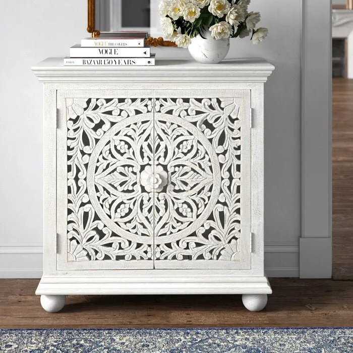 Hand Carved Solid Wood Two Door Accent Cabinet | Cabinetry Furniture in White Color