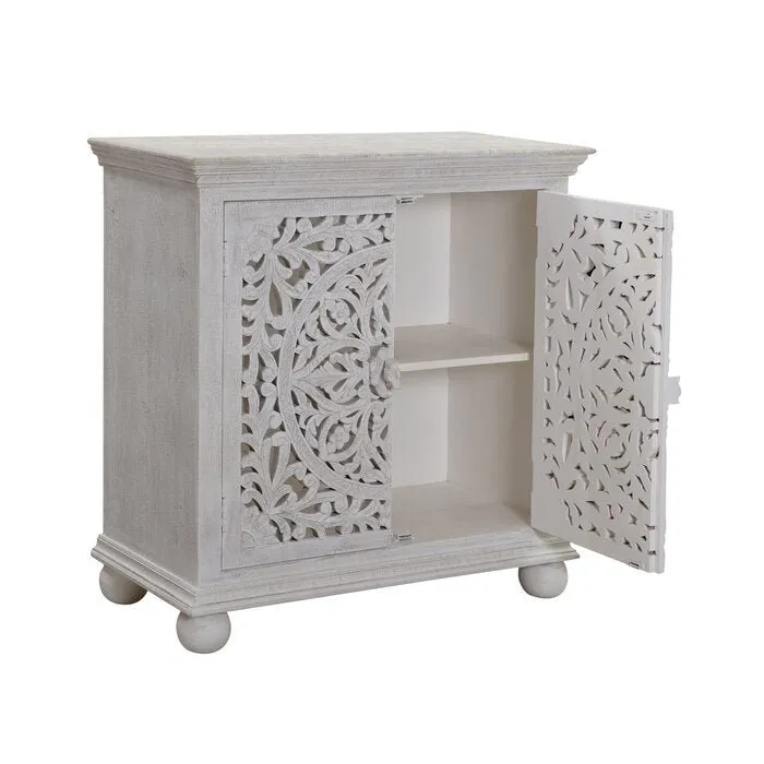 Hand Carved Solid Wood Two Door Accent Cabinet | Cabinetry Furniture in White Color