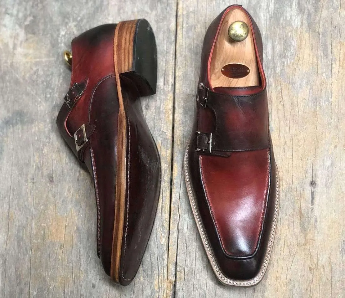 Handmade Burgundy Leather Double Monk Shoes For Men'