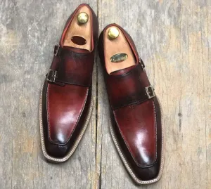 Handmade Burgundy Leather Double Monk Shoes For Men'