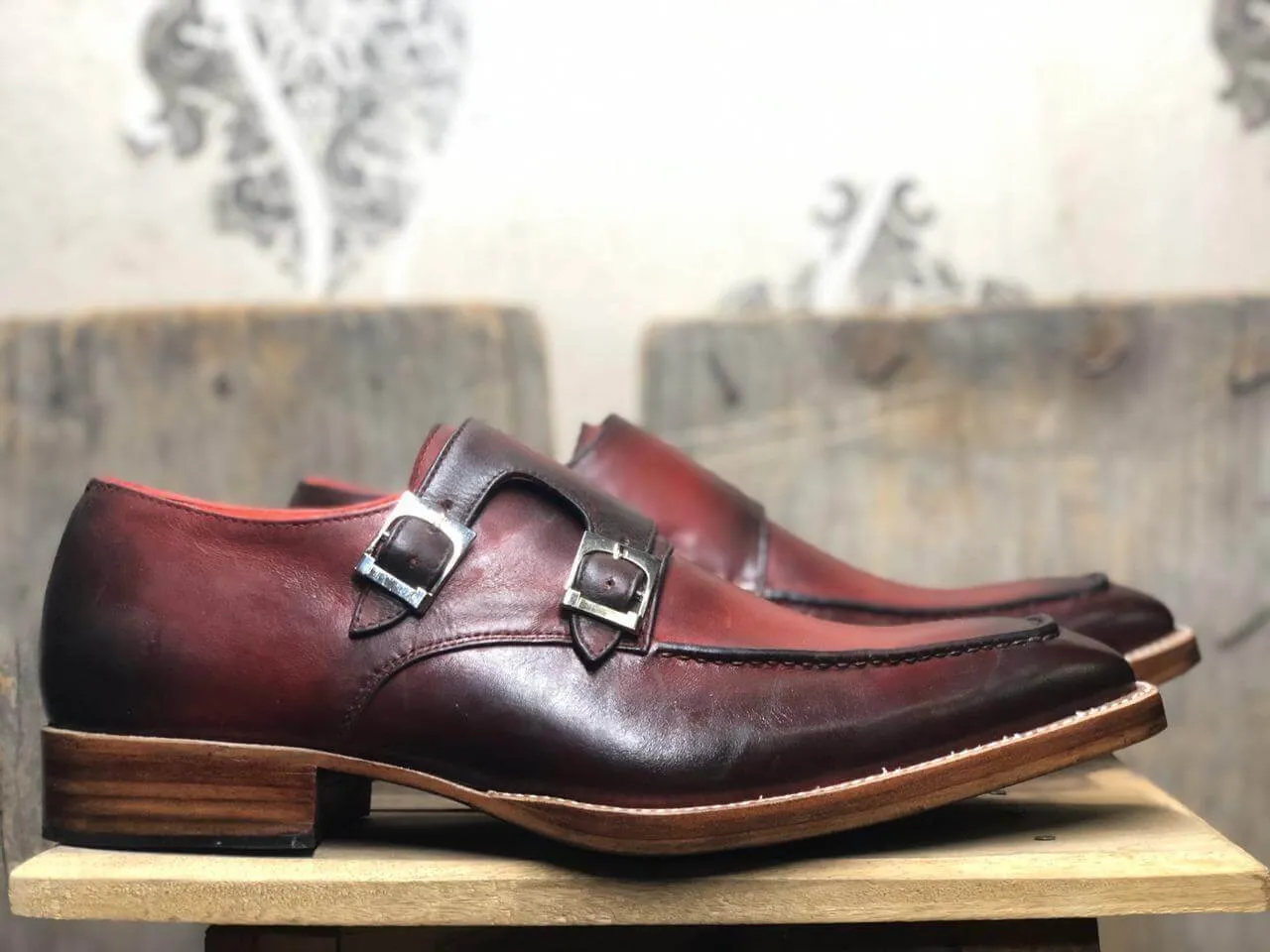 Handmade Burgundy Leather Double Monk Shoes For Men'