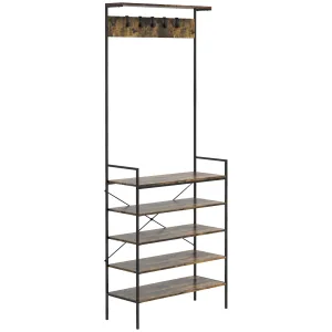 HOMCOM Kitchen Baker's Rack, Industrial Microwave Stand, Coffee Bar Table with Storage Shelves and 5 Hooks for Spices, Cups, Pots and Pans, Rustic Brown