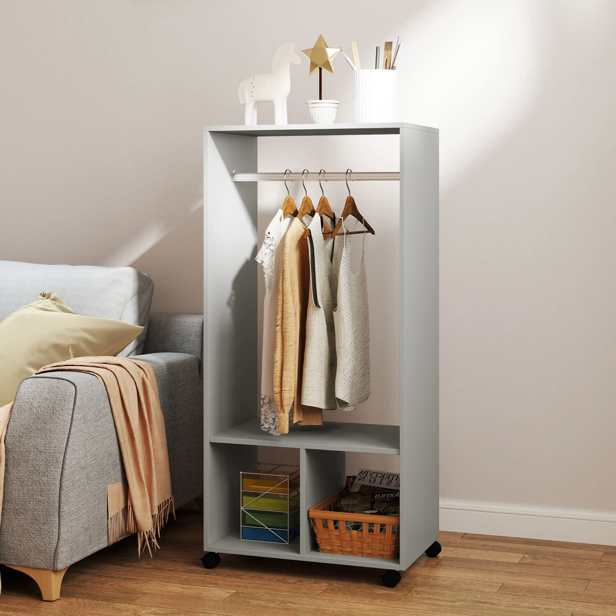 HOMCOM Open Wardrobe Clothes Rail Bedroom Clothes Storage Rod Shelves Grey