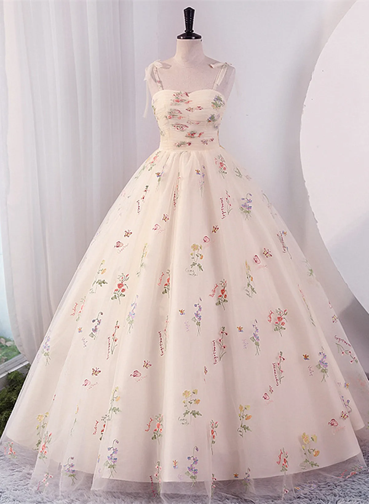 Ivory Floral Tulle Sweetheart Straps Long Party Dress, Ball Gown Sweet 16 Dress