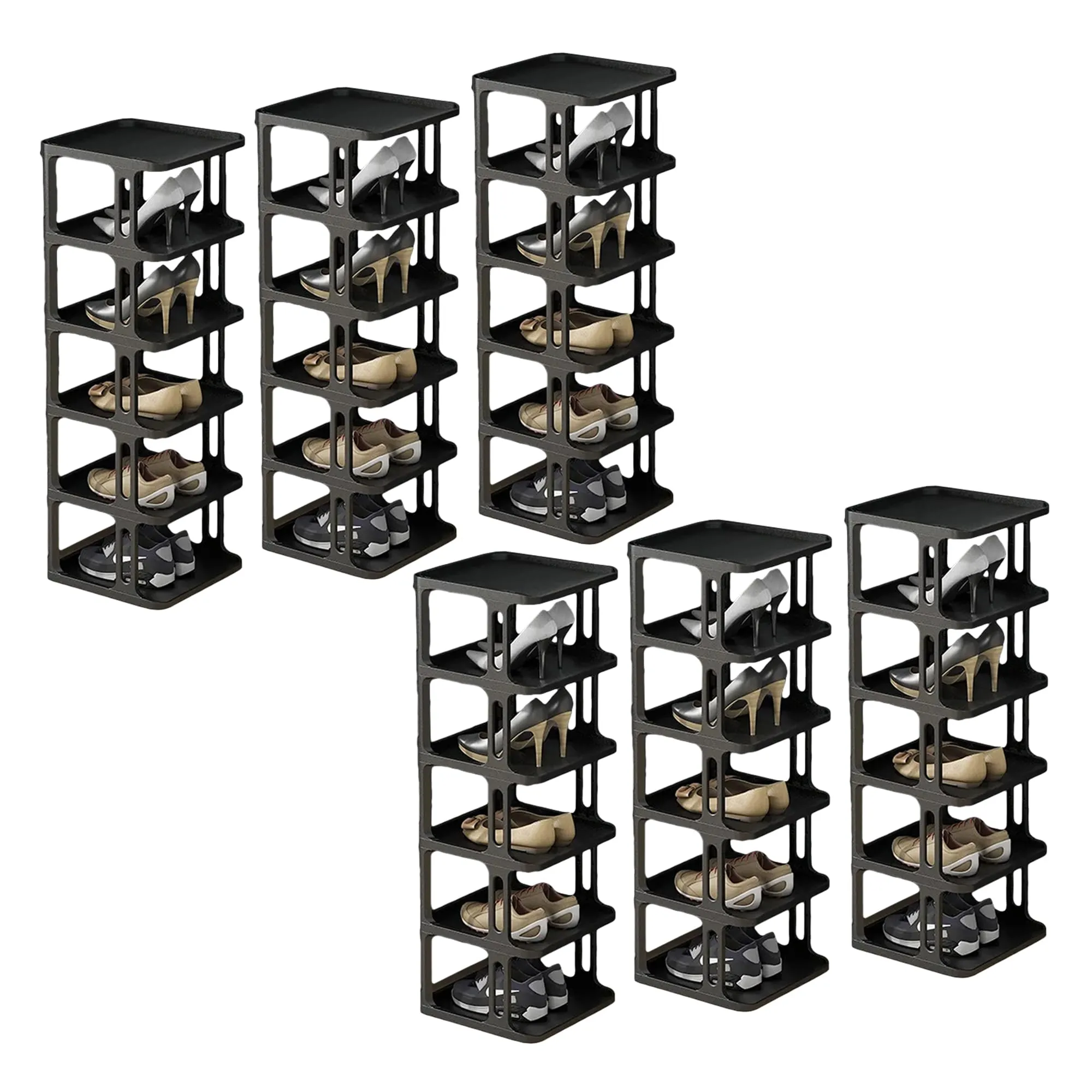 Kuber Industries (Set of 6) Waterproof Plastic Chappal Stand for Slipper & Footwear | 6-Layer Portable Shoe Rack For Home | Collapsible Design - Black