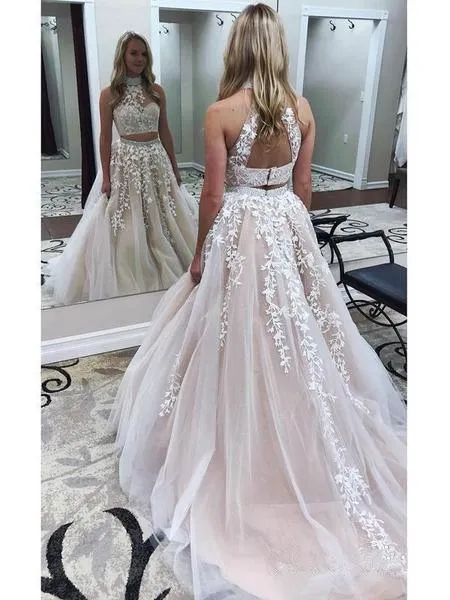 Lace Appliquéd Two Piece Prom Dresses Long Halter Ball Gowns PG727