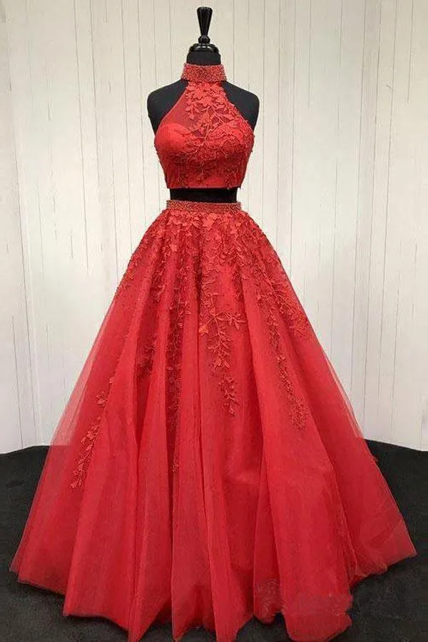 Lace Appliquéd Two Piece Prom Dresses Long Halter Ball Gowns PG727