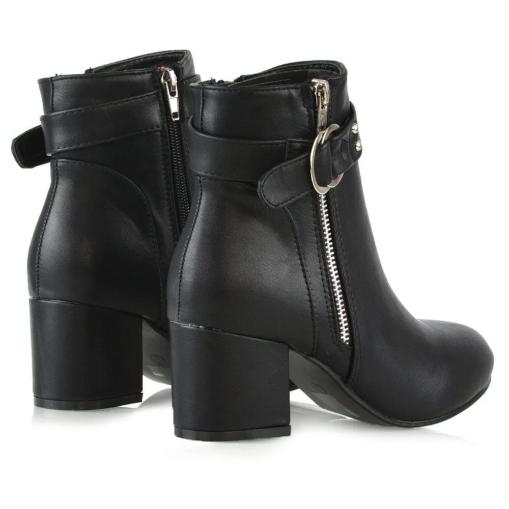 Lakesha Strap Detail Outer Zip Low Block Heeled Ankle Boots in Black Synthetic Leather