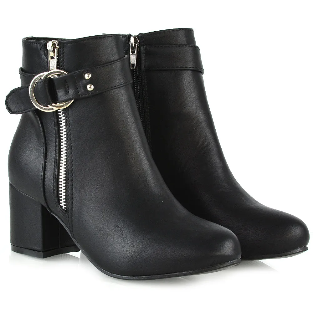 Lakesha Strap Detail Outer Zip Low Block Heeled Ankle Boots in Black Synthetic Leather