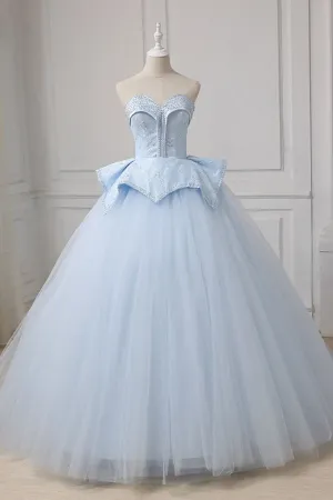 Light Blue Sweetheart Ball Gown Beading Tulle Prom Dress, Sweep Train Quinceanera Dress UQ2540