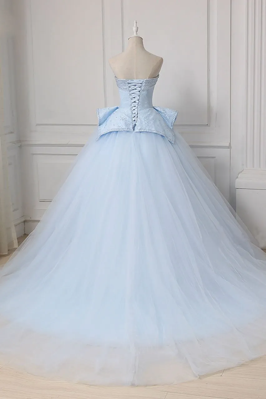 Light Blue Sweetheart Ball Gown Beading Tulle Prom Dress, Sweep Train Quinceanera Dress UQ2540