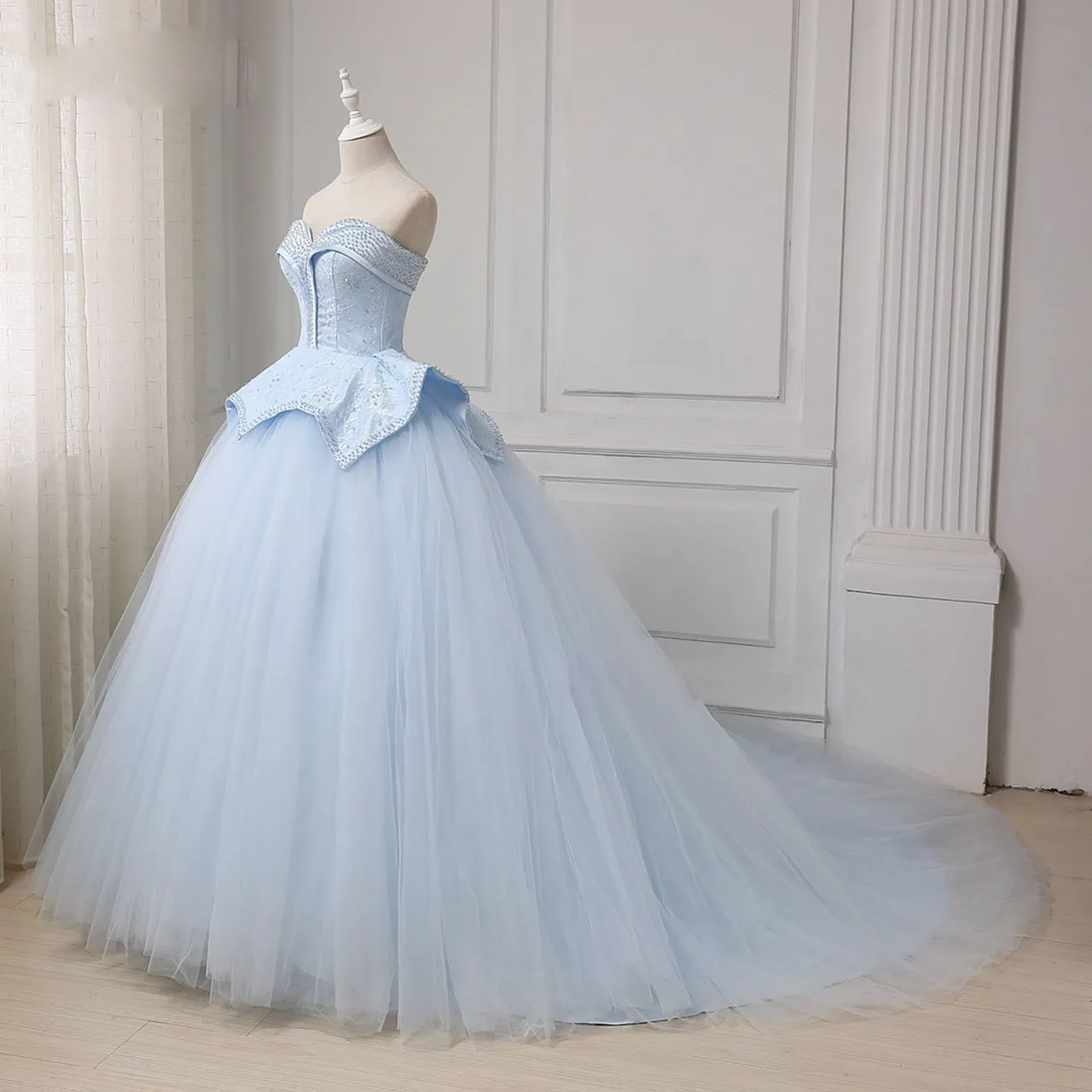 Light Blue Sweetheart Ball Gown Beading Tulle Prom Dress, Sweep Train Quinceanera Dress UQ2540