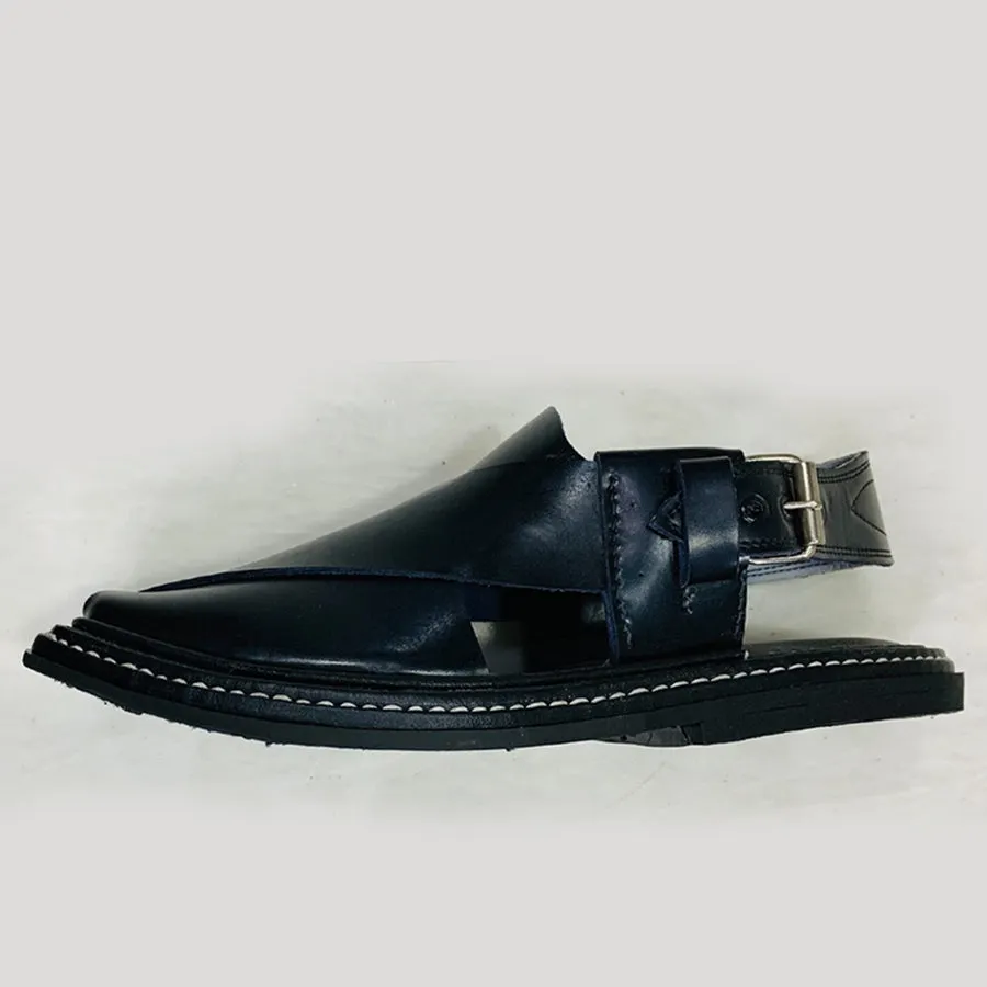 Men's Shine Black Peshawari Leather Chappal