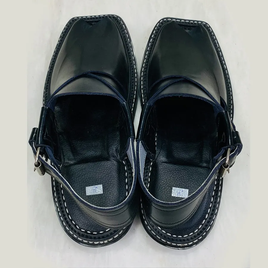 Men's Shine Black Peshawari Leather Chappal