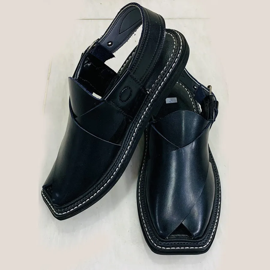 Men's Shine Black Peshawari Leather Chappal