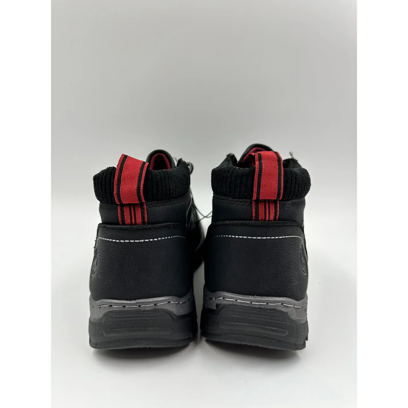 Men's Size 10, Mid Top Black Hikers with Red and Gray Accents and Rugged Tread