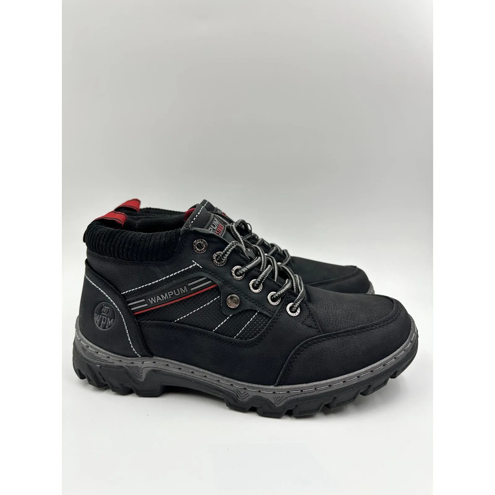 Men's Size 10, Mid Top Black Hikers with Red and Gray Accents and Rugged Tread