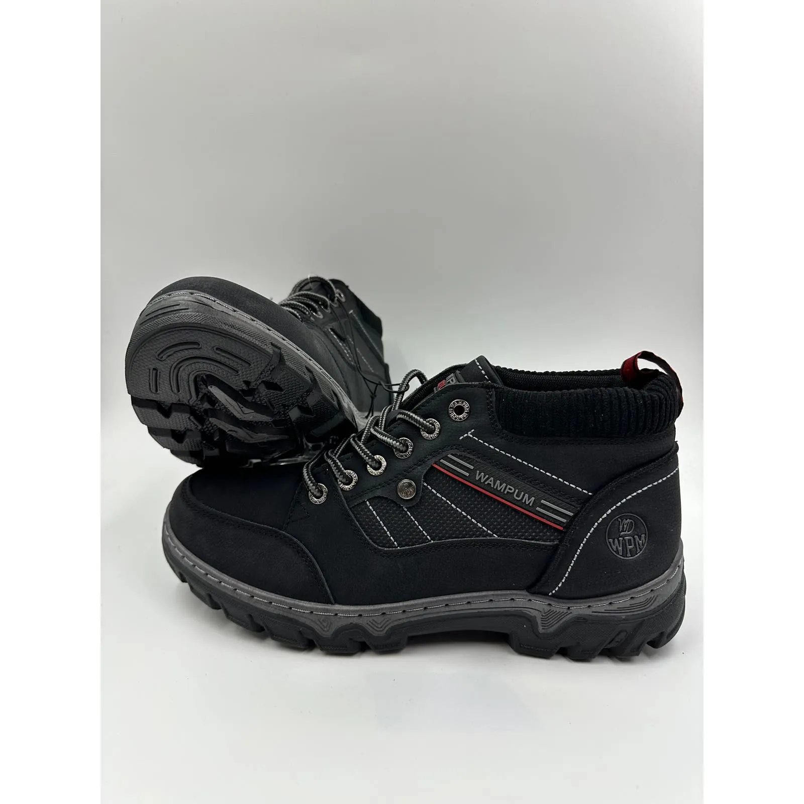 Men's Size 10, Mid Top Black Hikers with Red and Gray Accents and Rugged Tread