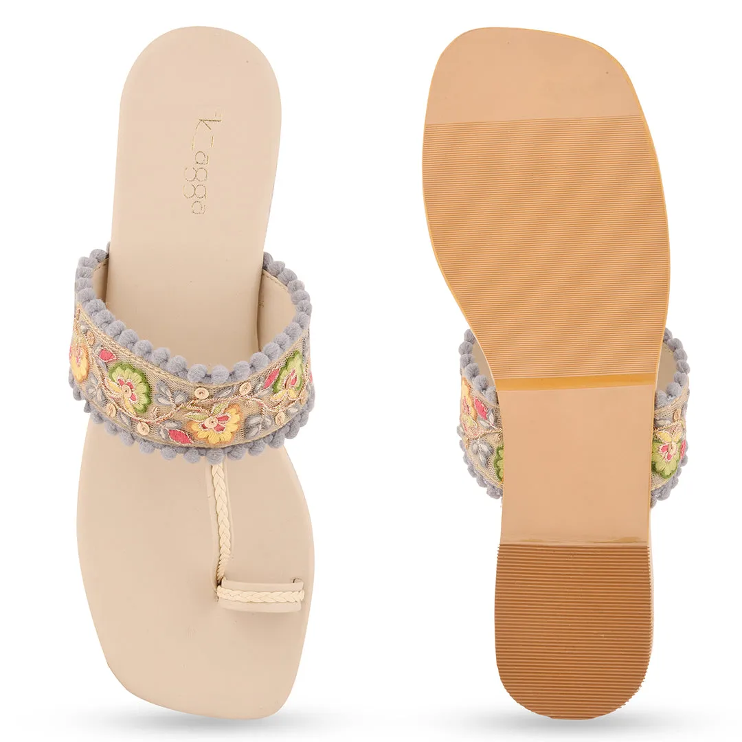 Multicolor Embroidered  Flat Open Toes