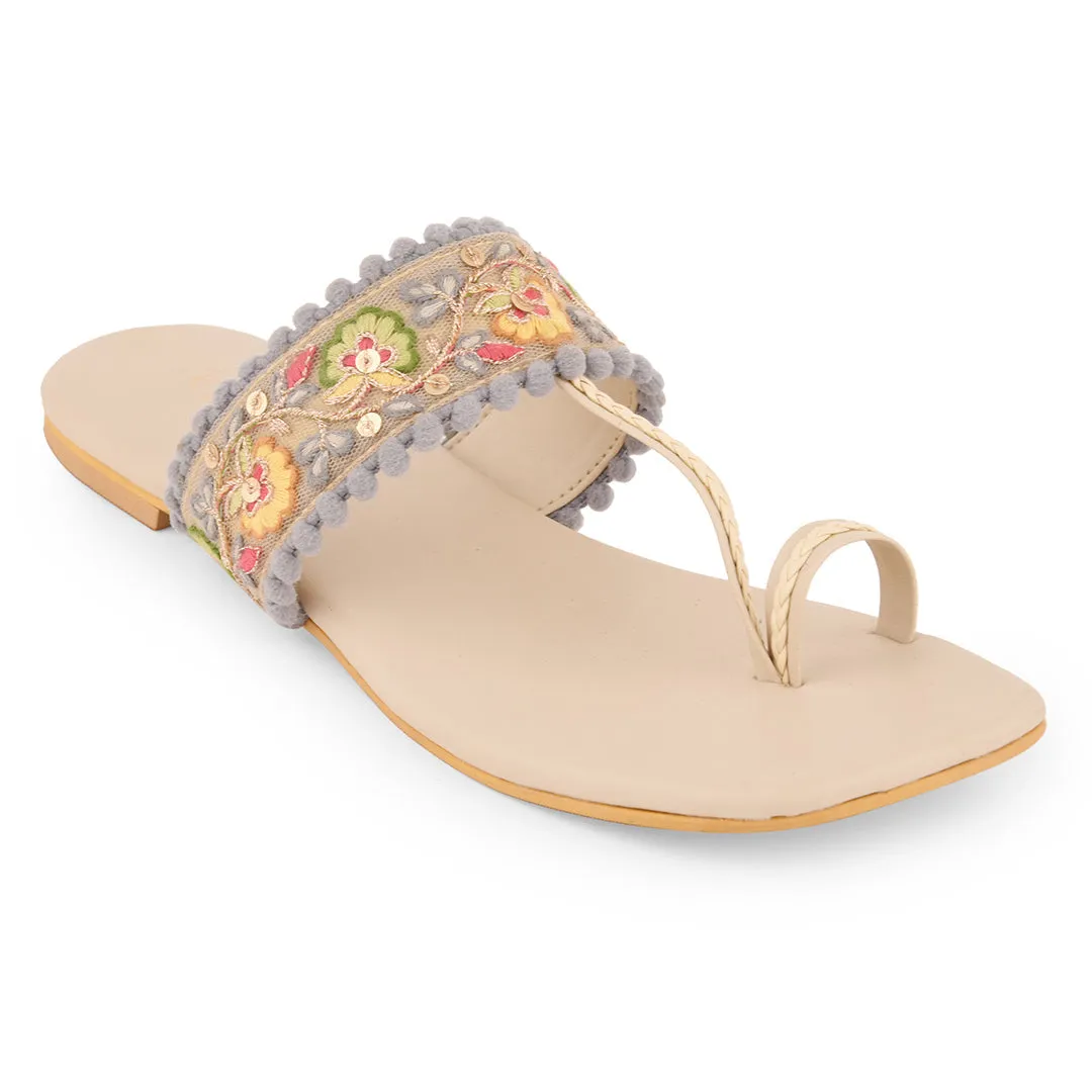 Multicolor Embroidered  Flat Open Toes